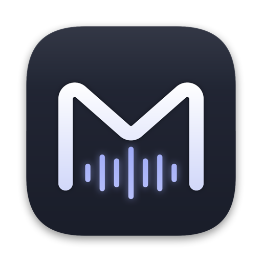 Moe app icon: a white M in a single rounded stroke over a small periwinkle equaliser, on a near-black squircle